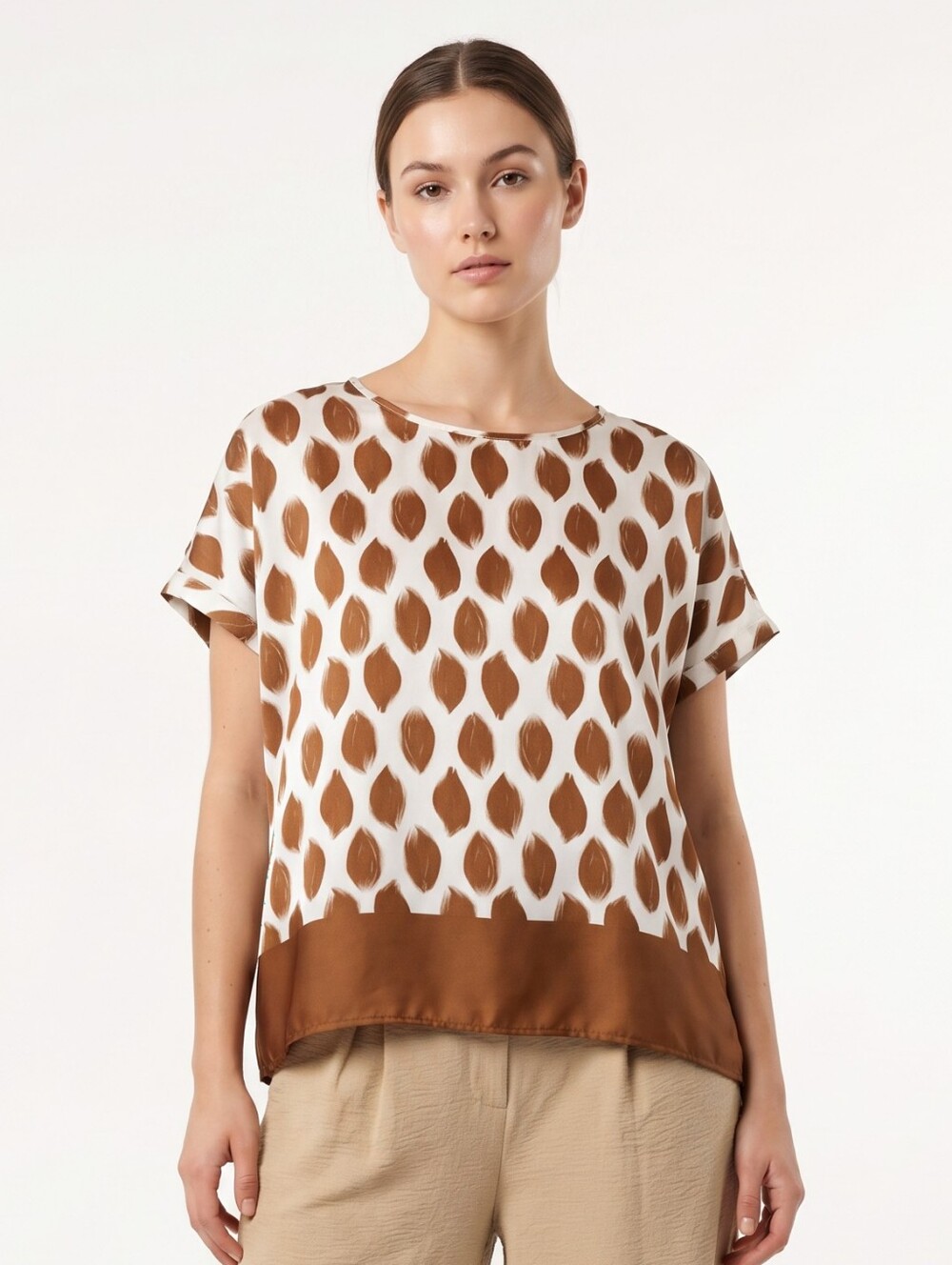 Halogen Brown and White Printed Short Sleeve Blouse ONLY